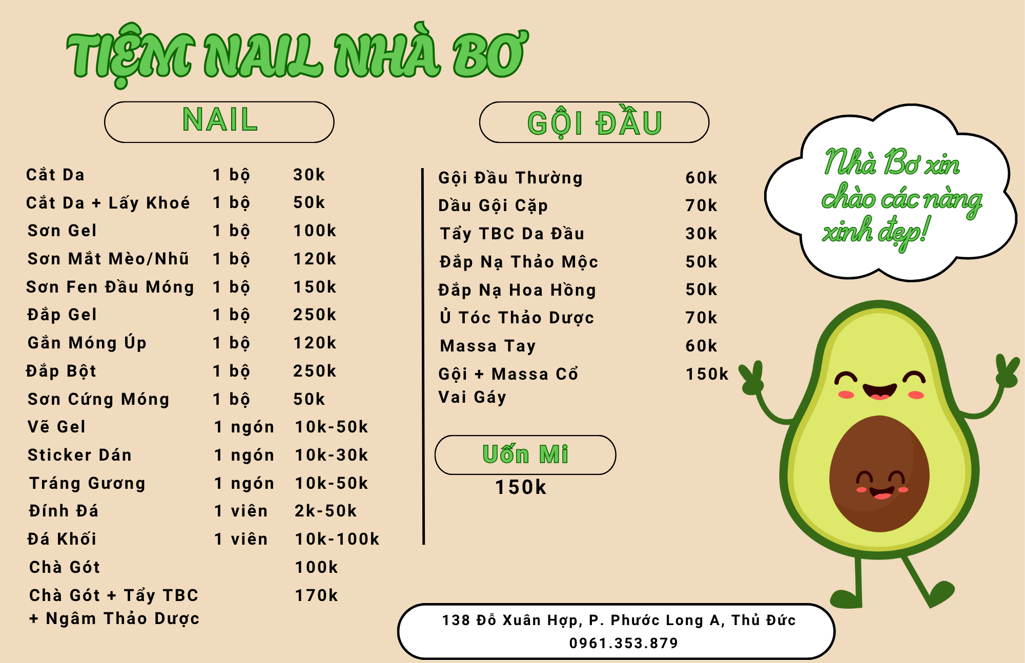 menu tiệm nail nhà bơ